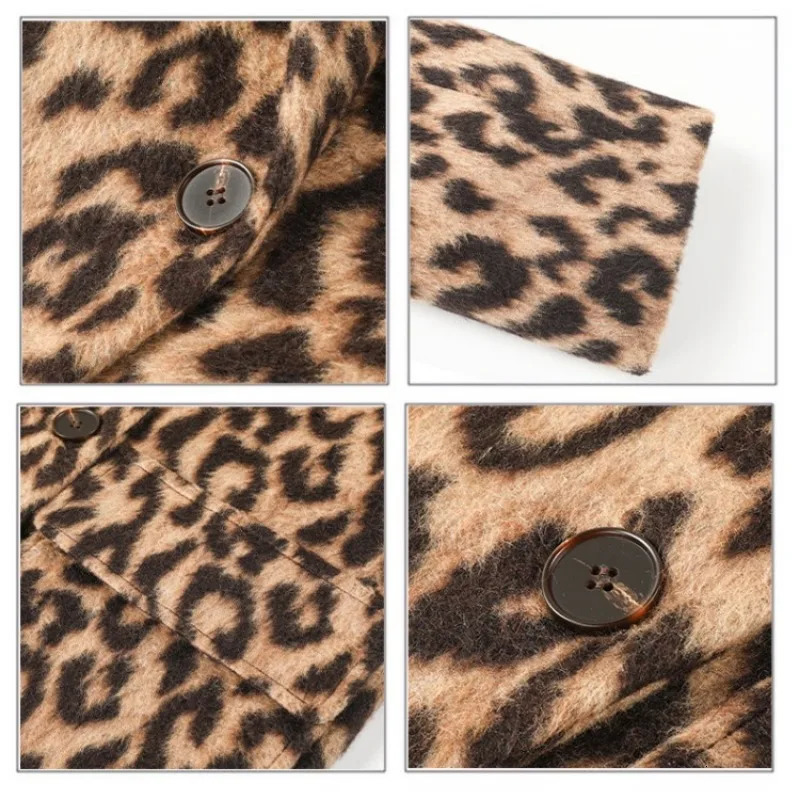 Womens Long Sleeve Woolen Coat Classic Leopard Print Loose Style Female Fashion Outwear Casual Versatile Winter 241213