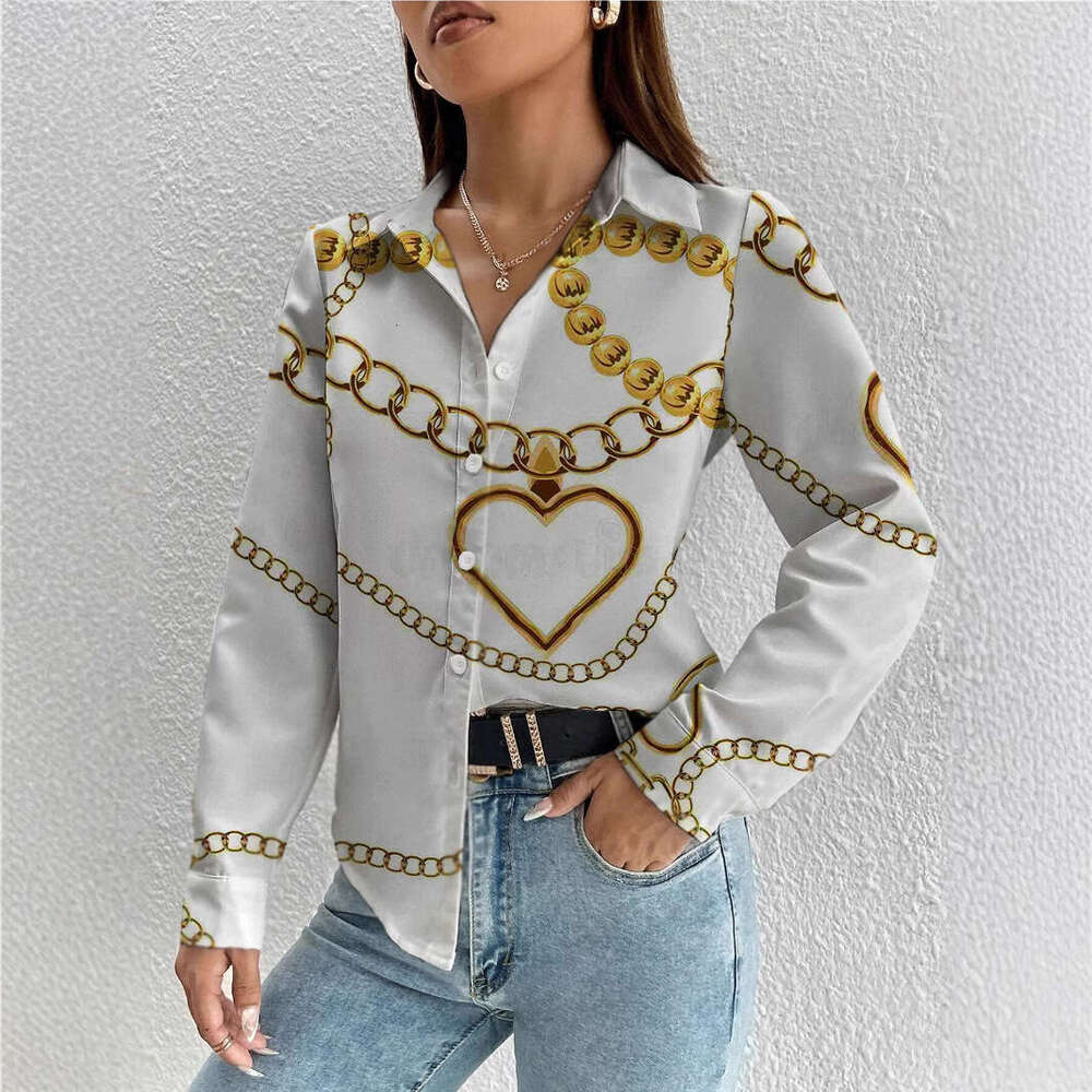 New Retro Digital Printed Long Sleeve Collar Top Women's Trendy Clothing Fashionable Casual Style
