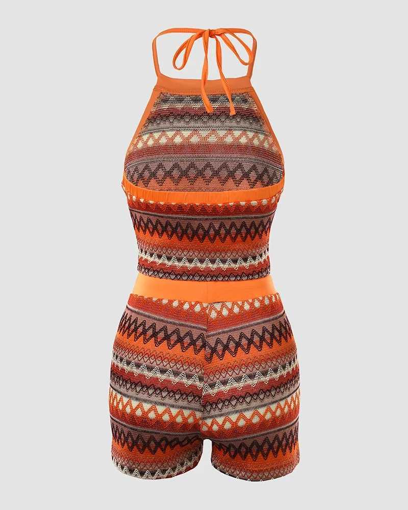 Women's Two Piece Pants 2024 Summer Womens Two Piece Sets Casual Sexy Elegant Geometric Pattern Halter Top and Drawstring Shorts Set Outfit Y2412