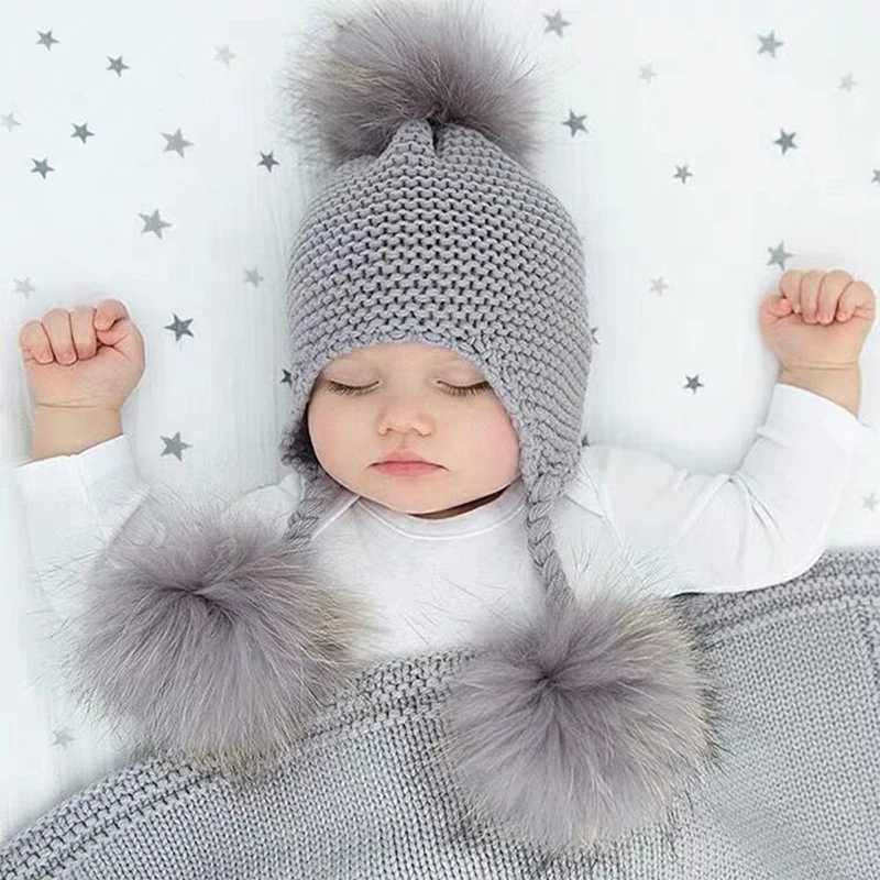 Winter Baby Beanie Hat Children Earflap Cap Kids 3 Pompom Fur Wool Hat Natural Real Fur Pom Hat For Girls BoysXJ241213