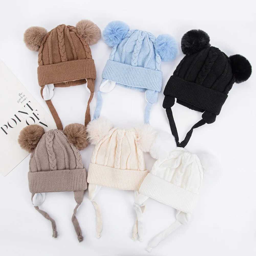 Cute Bear Earpuff Textured Knit Hats Pompom Baby Boys Girls Thick Warm Winter Ear Protection Caps Cotton Lining Kids HeadwrapsXJ241213