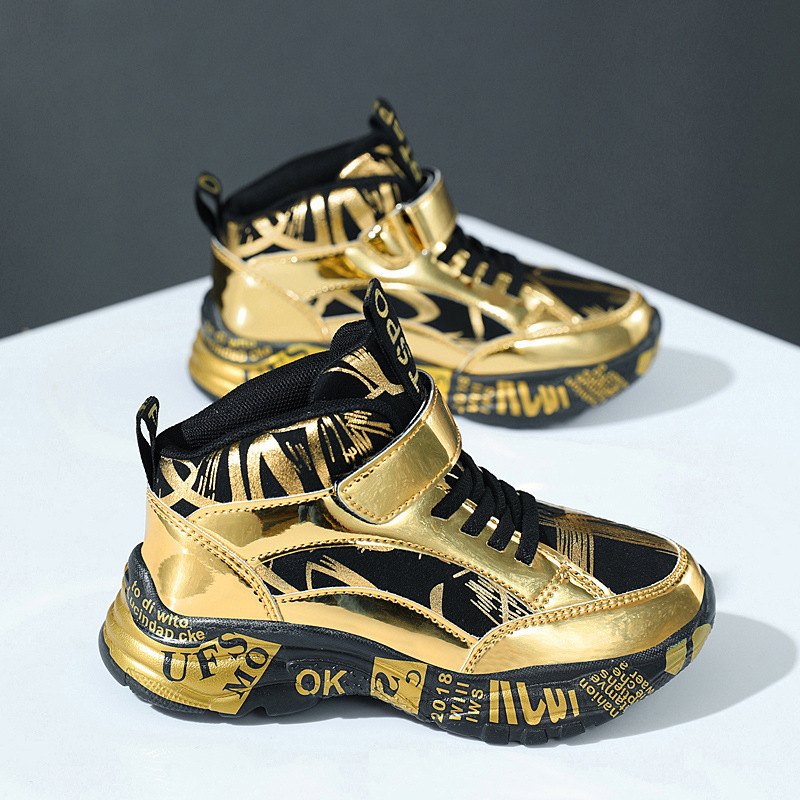 Tennis Shoes for Boys High Top Boots for Kids Outdoor Sports Non Slip Sneakers Free Shipping Childrens Basketball Shoes Gold ending Footwear size 28-4