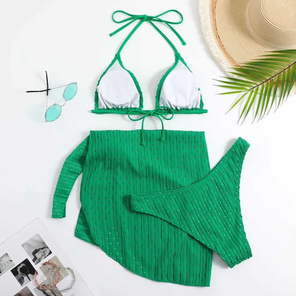 2024 Summer Halter Bikini 3 Pieces Women Special Material Sexy Thong Swimwear With Sarong Skirt White/Black//Green BeachwearXJ241212