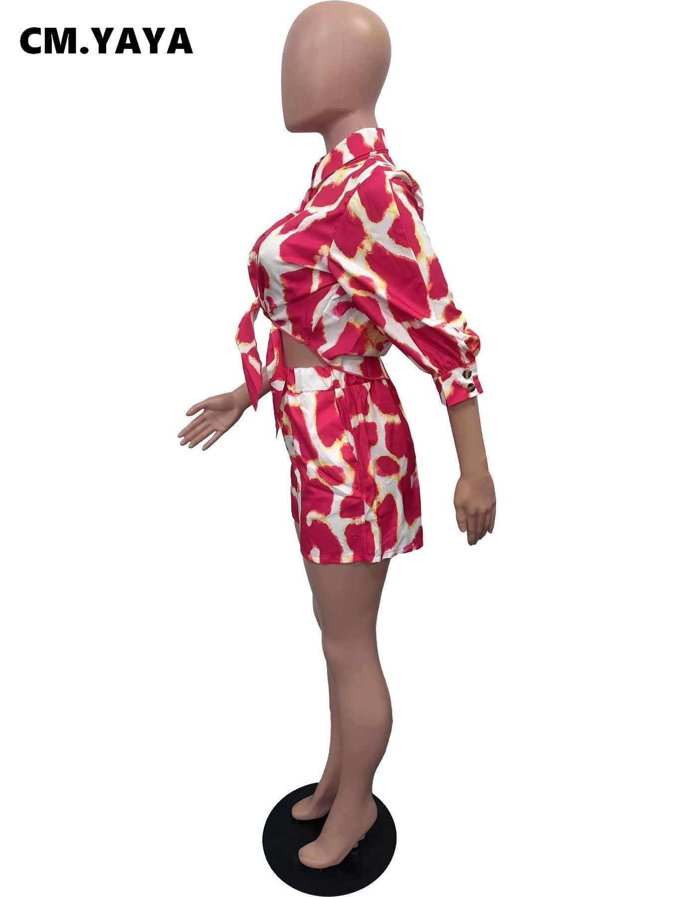 Women's Two Piece Pants CM.YAYA Womens Set Half Slve Print Shirt and Pencil Shorts Suit 2024 Autumn Active Strt Two 2 Piece Set Outfit Tracksuit 