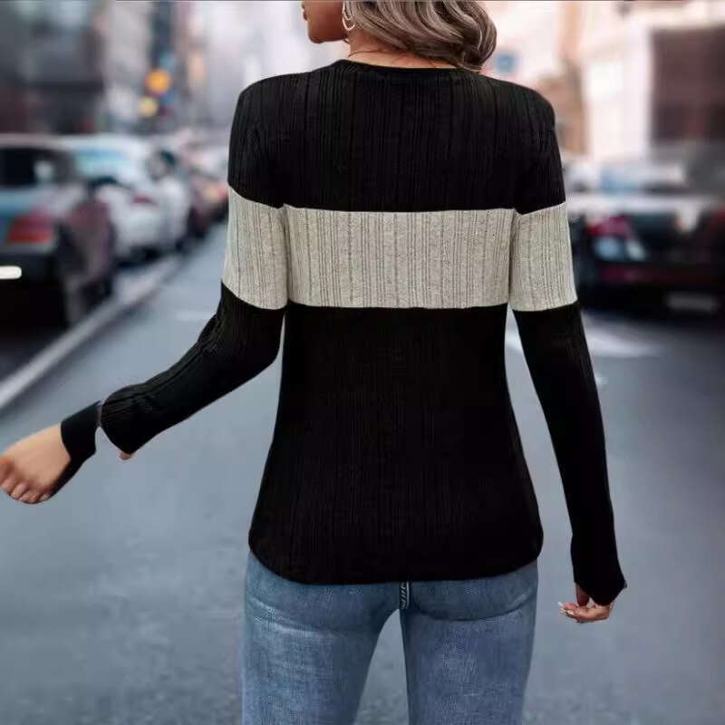 2024 European American Creative Spring and Autumn Round Neck Color blocked Loose Long Sleeve Hooded T-shirt for Women