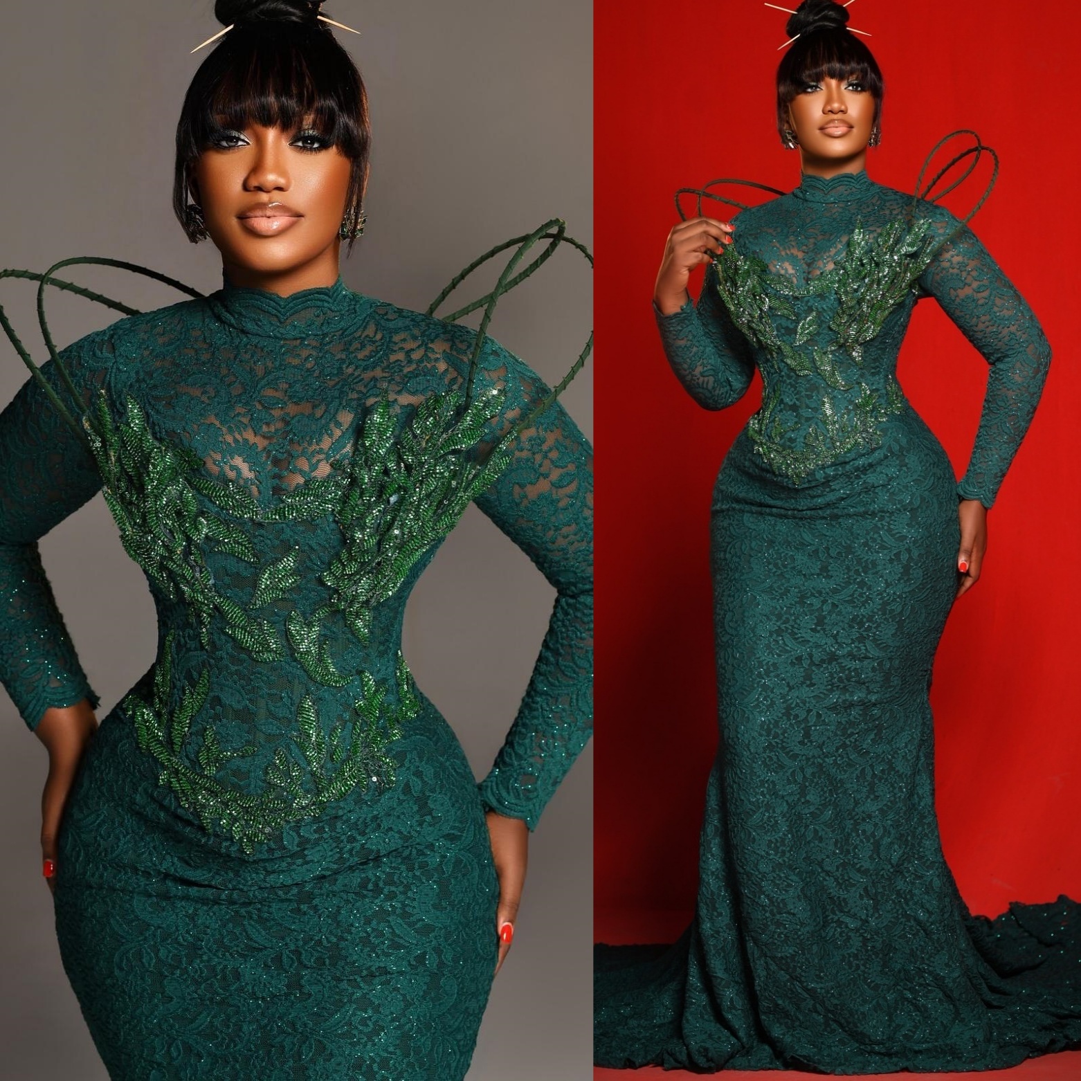 Dark Green Mermaid Prom Dresses 2025 Lace Beaded Floral Full Sleeves Evening Formal Party Second Birthday Engagement Gowns Plus Size Dress For Special