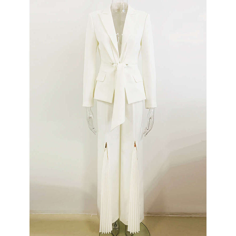 Ladies' Suit HIGH QUALITY Newest Fashion Designer Runway Suit Women's Belted Blazer Jacket Wide Leg Pleated Pants Set Two Pieces