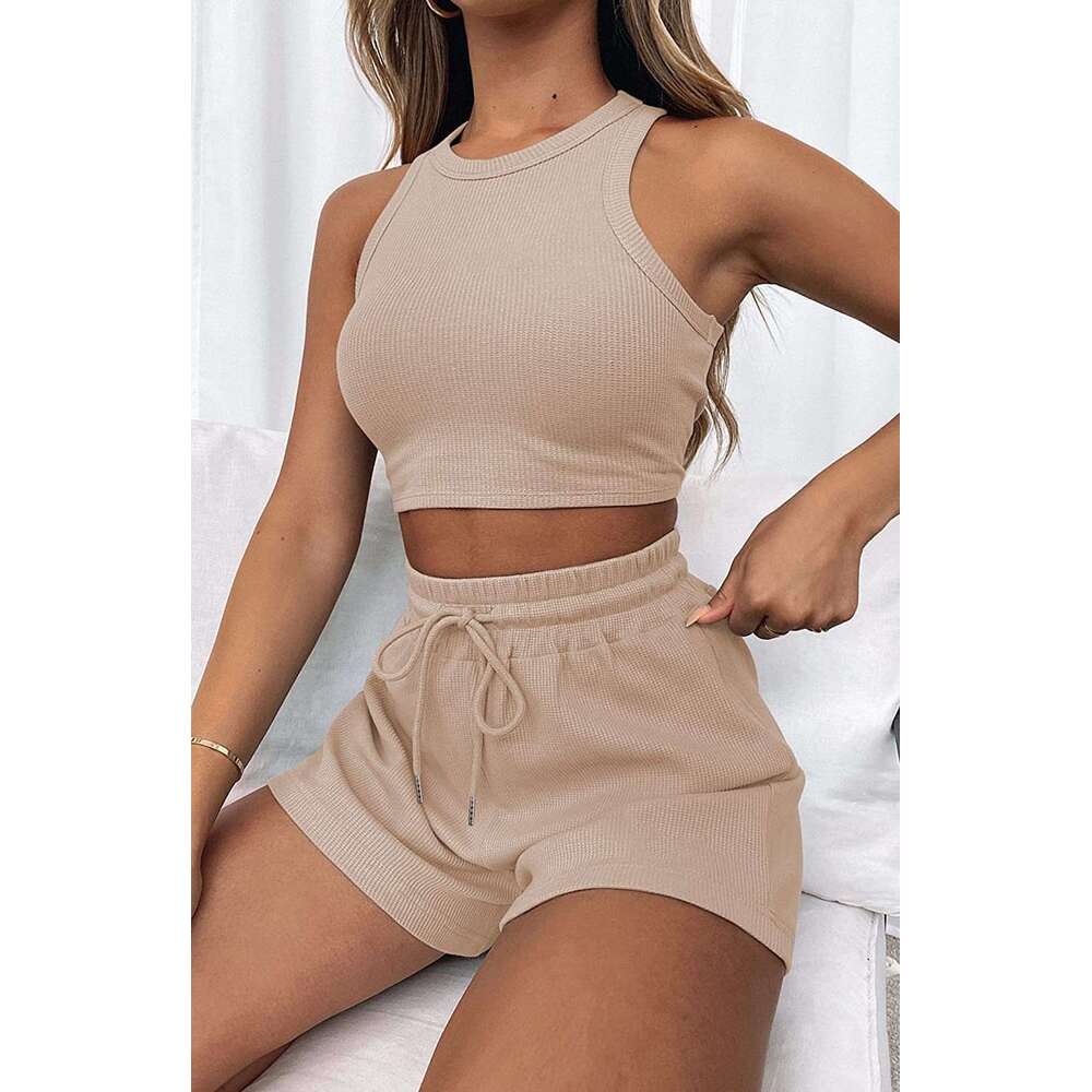 Summer New Sleeveless Waffle Suit Solid Color Vest Short Set 2-Piece Women's Trendy Clothing Fashion Casual Temperament