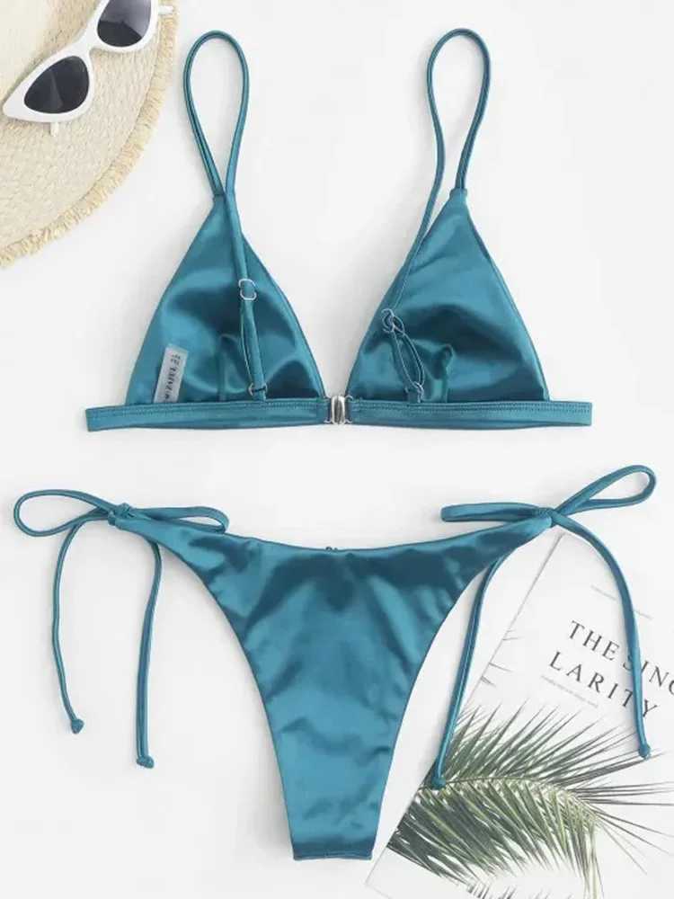 2024 Metallic Satin High Cut Brazilian Bikini Women Swimwear Fa Swimsuit Two-pieces Bikini Set Bathing Suit Swim Beach WearXJ241212