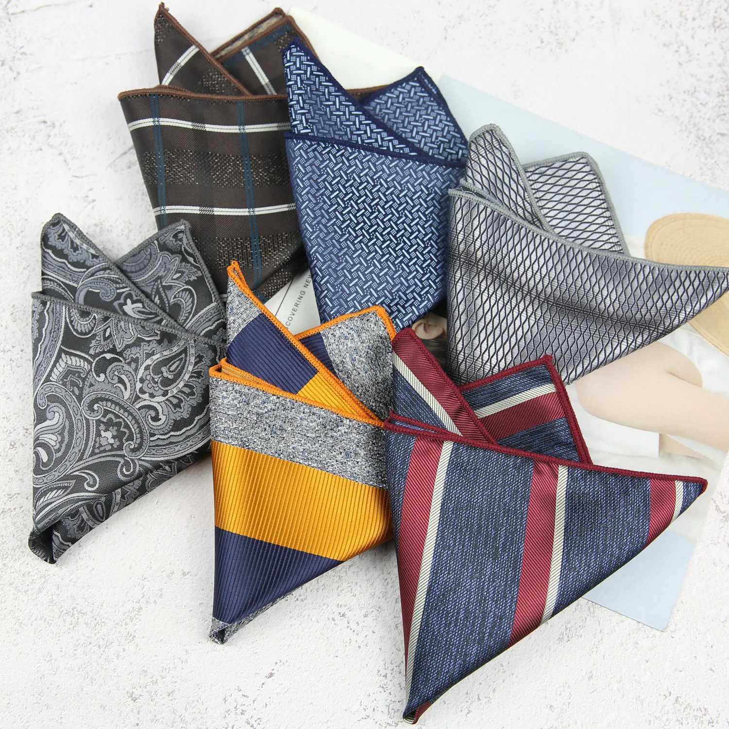 23cm Fashion Polyester Mens Pocket Square Striped Paisley Grey Handkerchief Formal Suit Tie Pocket Chest Scarf Shirt Hanky W241213
