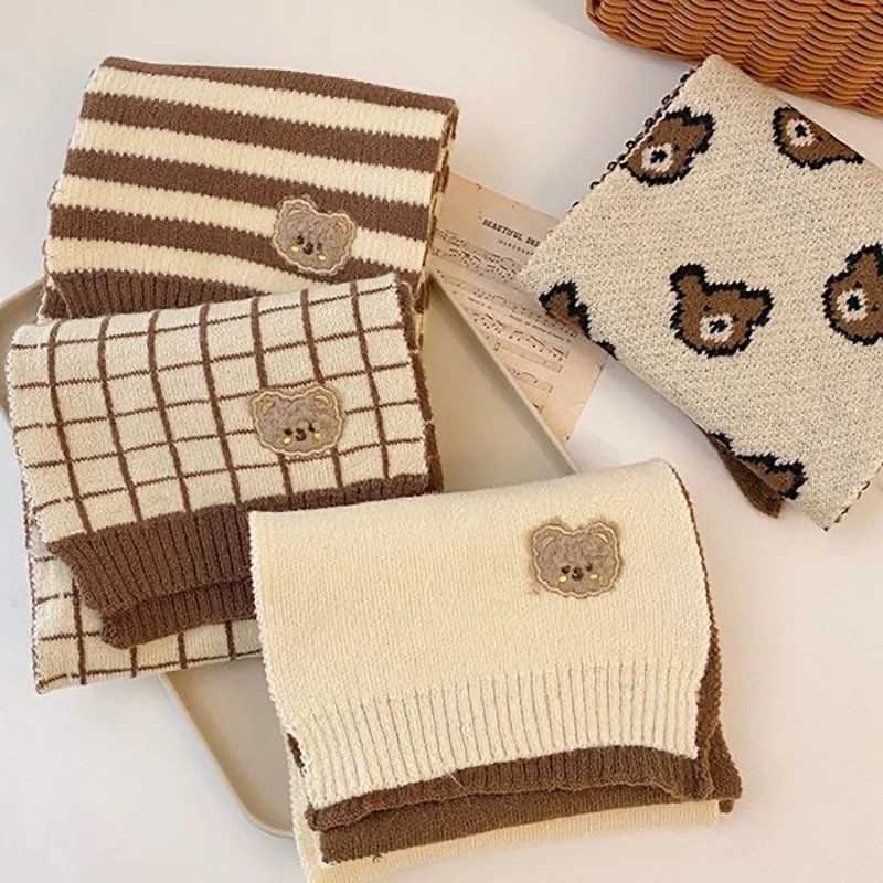 Scarves Wraps Korean Children Winter Scarf Cute Plaid Striped Bear Knitted Windproof Warm Boys Girls Neckcheif Kids Neck Warmer H241213