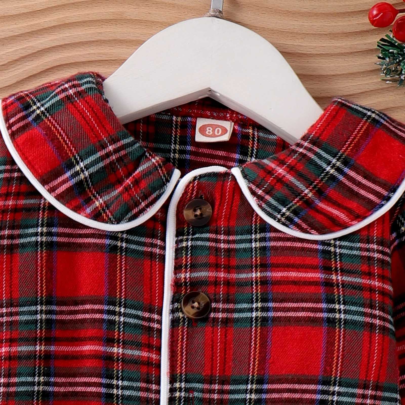 2PCS Autumn New Style For 1-3 Year Old Girls Comfortable And Fashionable Doll Collar Red Plaid Long-Sleeved Suit W241213
