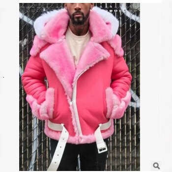 Men's Faux Leather And Plush Thickened Fur One-Piece Short Zipper Hooded Men's Coat