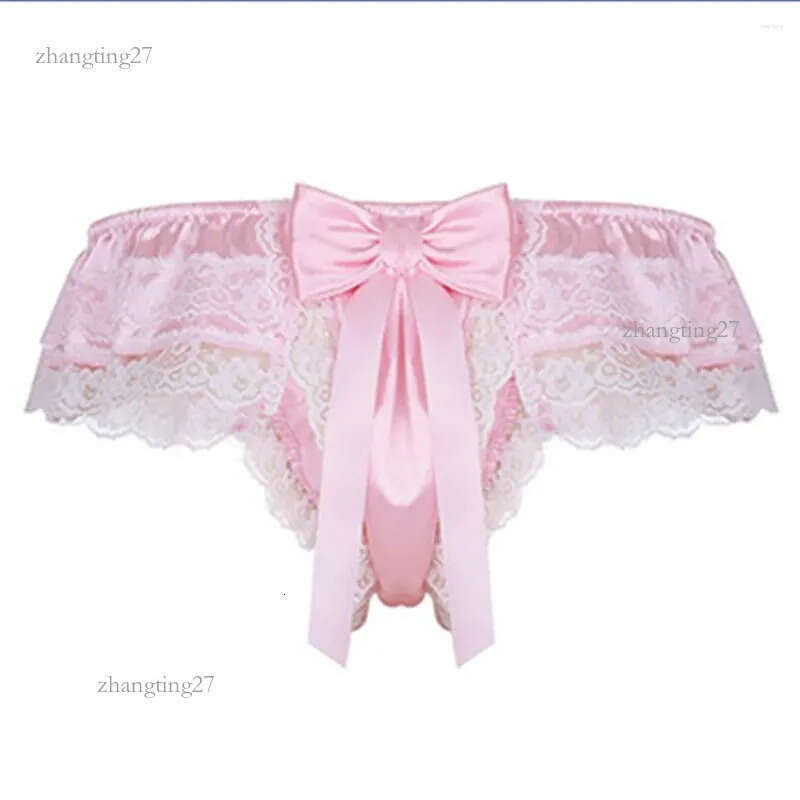 Underpants Men Lace See-Through Sissy Panties Sexy Satin G-String Thong U Convex For Man Briefs Breathable Gay Bikini Underwear