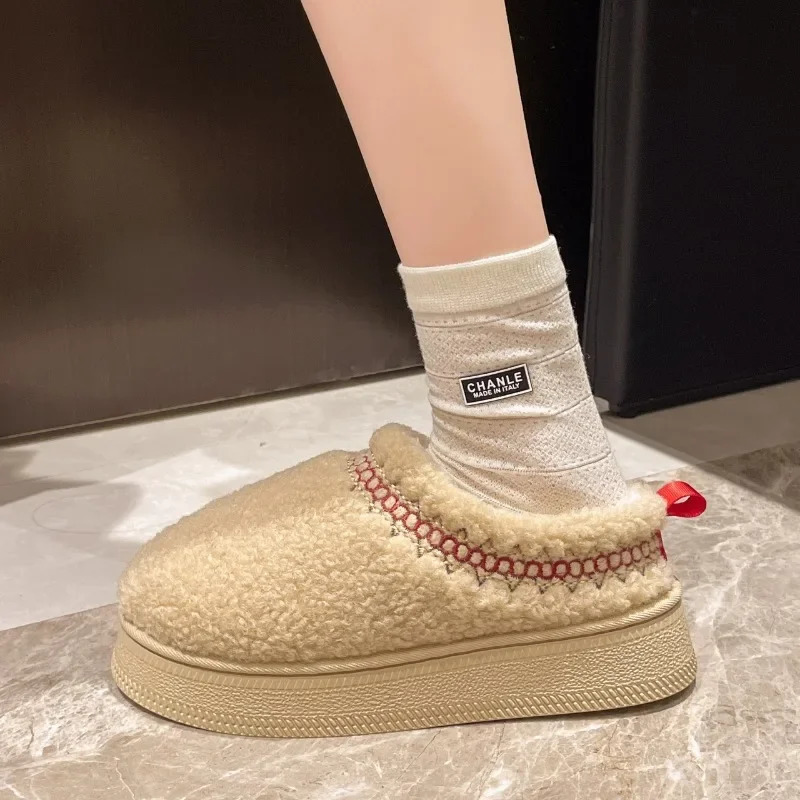 Warm Fur Ankle Boots Women Flats Platform Slippers Plush Flip Flops Winter Cotton Shoes for Women Snow Botas 241212