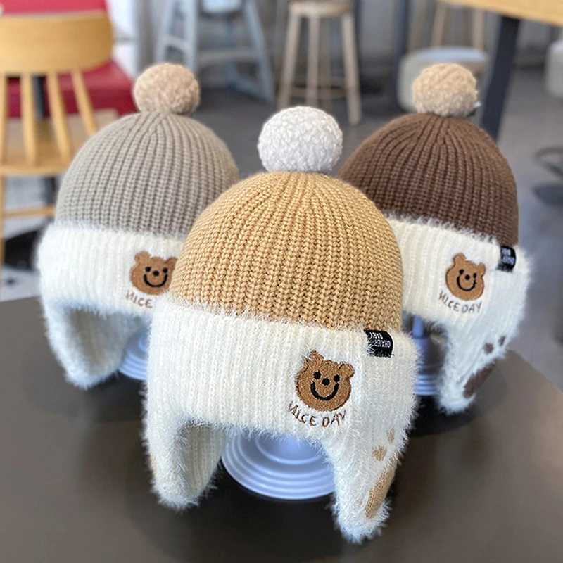 Children Plush Earmuffs Cap 1-6year Kids Winter Warm Knitted Hat Baby Bear Beanie Toddler Ear Protection CapsXJ241213