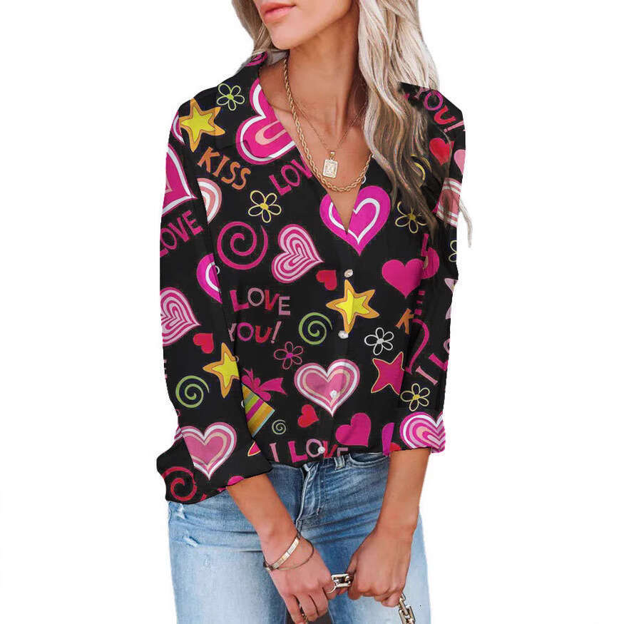 New European And American Fashion Loose Digital Print Lapel Shirt Long Sleeved Top Women's Trendy Clothing Fashionable Casual Temperament