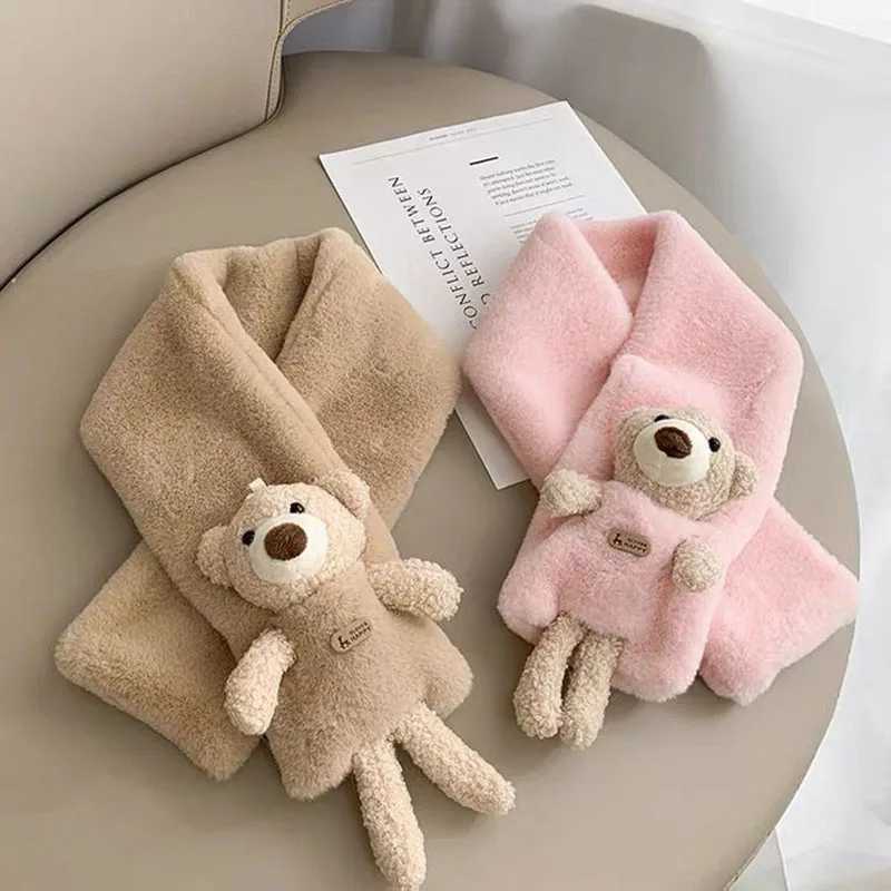 Scarves Wraps Cartoon Bear Kids Cross Scarf Winter Plush Children Warm Neck Collar Thicken Faux Rabbit Fur Baby Scarves Boy Girl Neckerchief H241213
