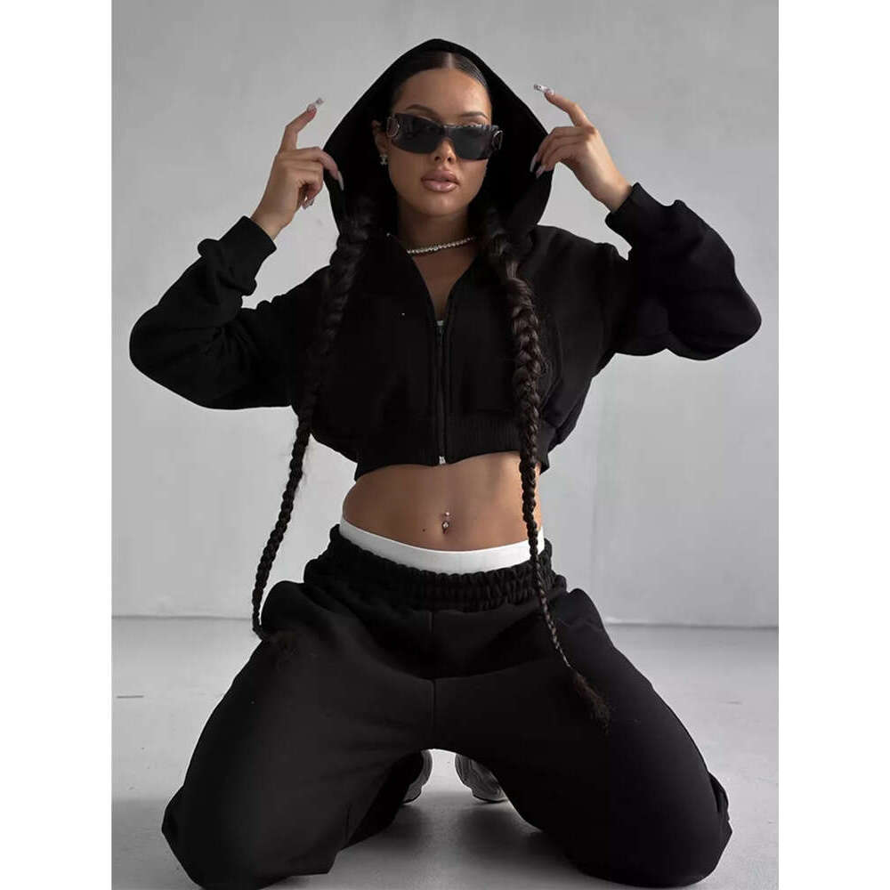Sexy European American Suit, Long Sleeved Hooded Shorts With Exposed Waist, Cardigan, Sports Pants, Trendy Clothing, Fashionable And Casual Temperamen