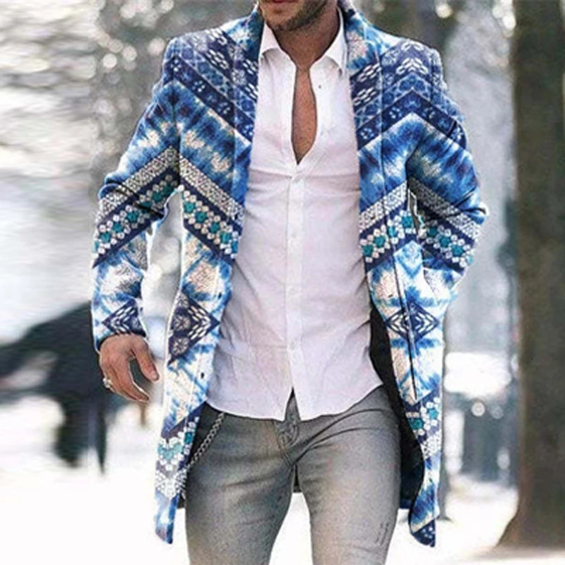 Retro Pattern Print Wool Blend Jackets Men Casual Turndown Collar Thick Man Cardigan Autumn Winter Singlebreasted Trench Coats 241213