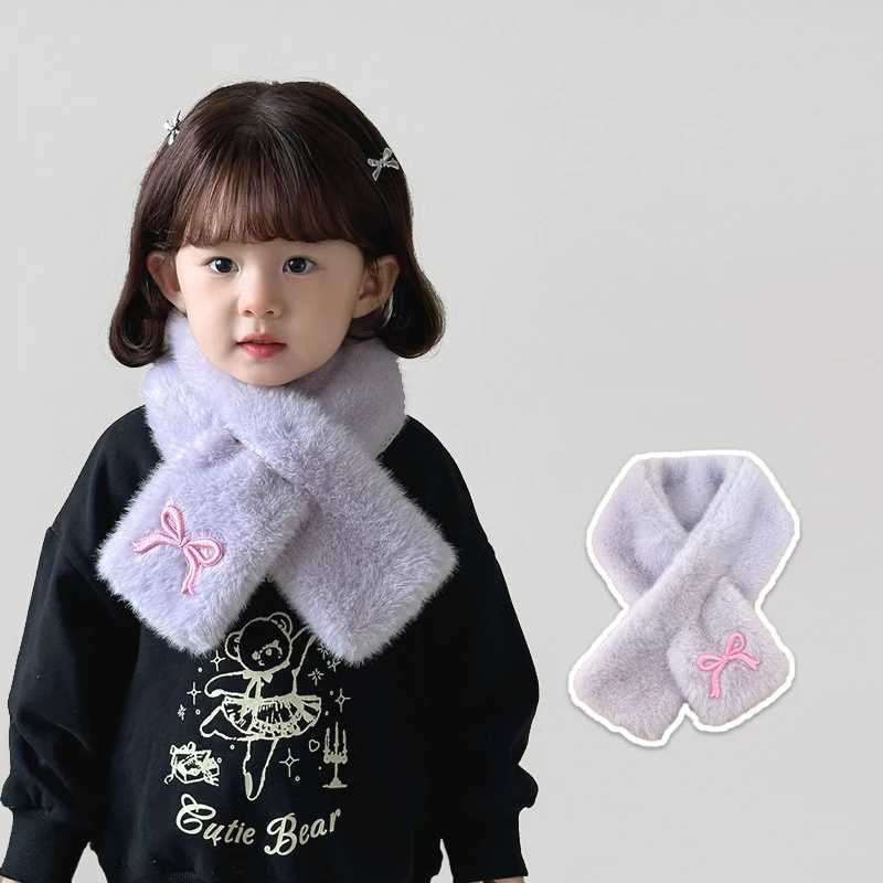 Scarves Wraps Embroidered Bow Baby Plush Scarf Winter Warm Children Neckerchiefs Korean Kids Cross Neck Covers Sweet Girl Fur Collars 2-8Years H241213