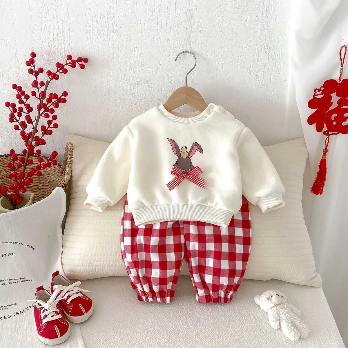 UNIFEMEN 2024 Winter Baby Girls 2PCS Clothing Set Cotton Rabbit Knot Top Wool Flat Pants Set Preschool Girls Track and Field Clothes W241213