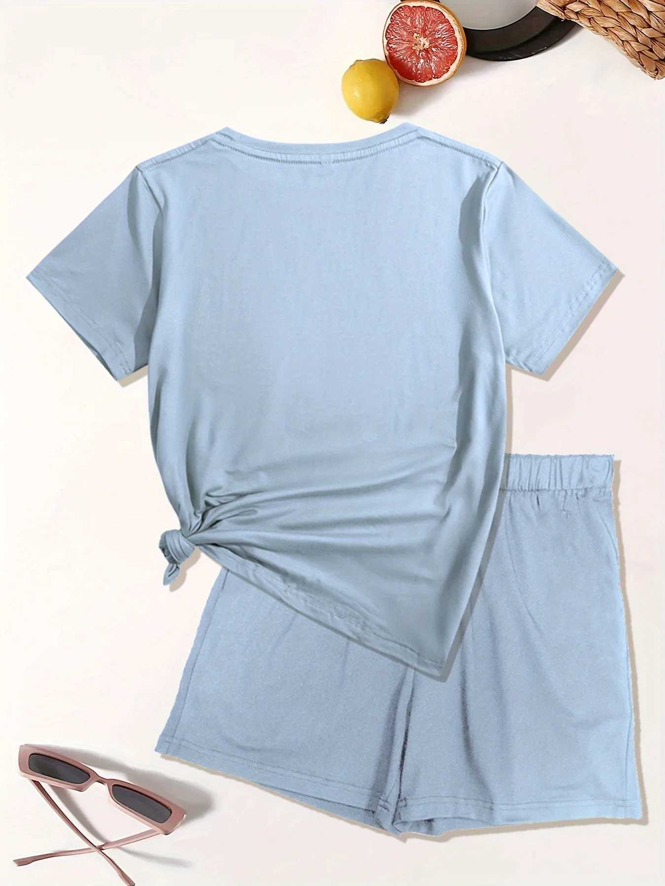Women's Two Piece Pants Summer womens Comfortable and loose white cartoon print casual loose round neck short slved T-shirt shorts two-piece set 