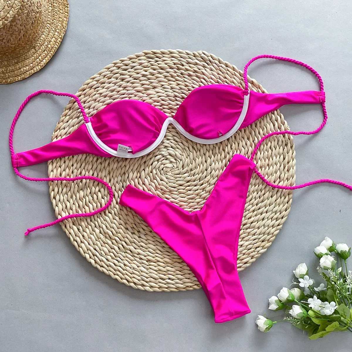 Push Up Bikini 2025 Sexy Women Solid Black White Underwire Swimsuits Brazilian Cut Out Beach Bathing Suit Thong Swimwear BiquiniXJ241212