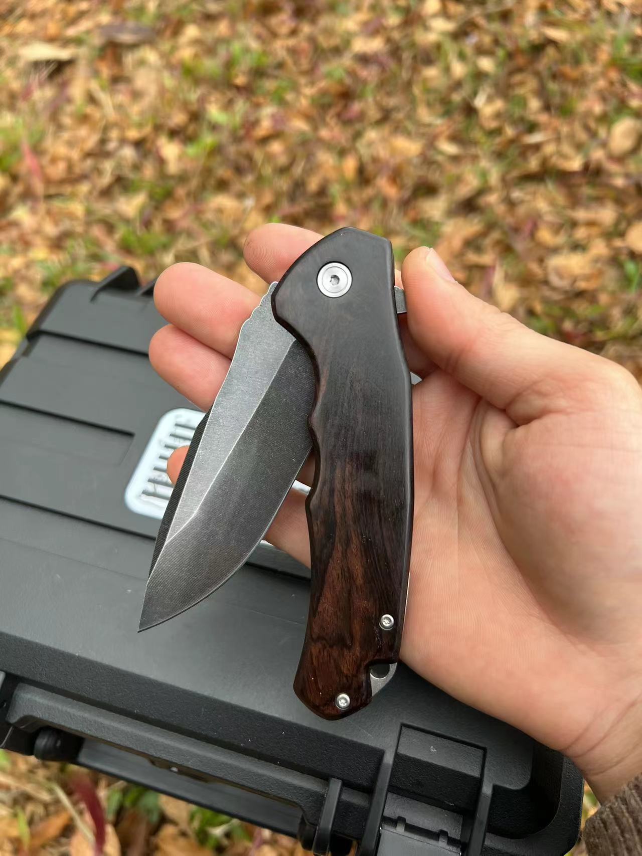 Top Quality Flipper Folding Knife 5Cr13Mov Black Stone Wash Drop Point Blade Wood with Steel Sheet Handle Outdoor EDC Pocket Knives