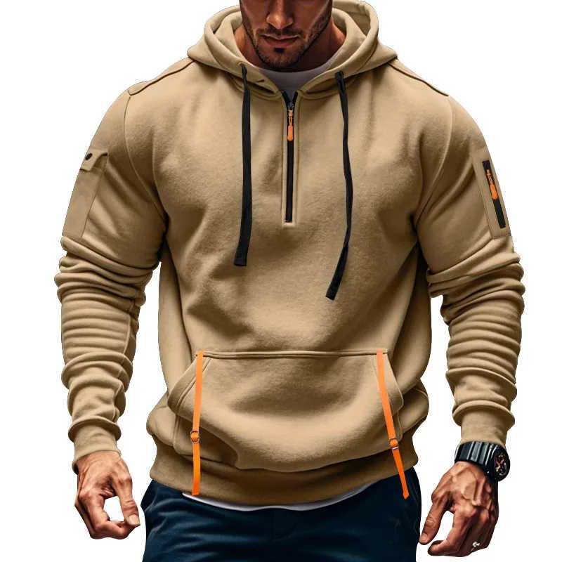 Autumn and Winter New Mens Outdoor Sports Tooling Wind leisure comfortable solid color arm pocket zipper long-sleeved hoodie W241213