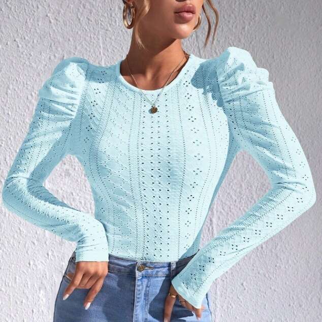 2023 European American autumn and winter new solid color long sleeved jacquard fashionable casual T-shirt