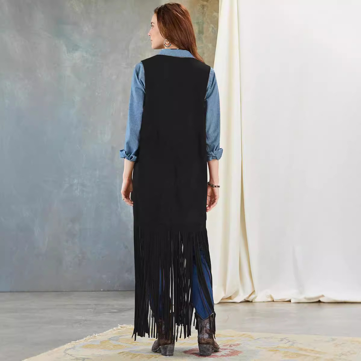 Women's Vests Western Fringed Vest Open Front Fringed Vest Cardigan Women's Fringe Tassel Vest with Patch Pockets Loose for Cowboy