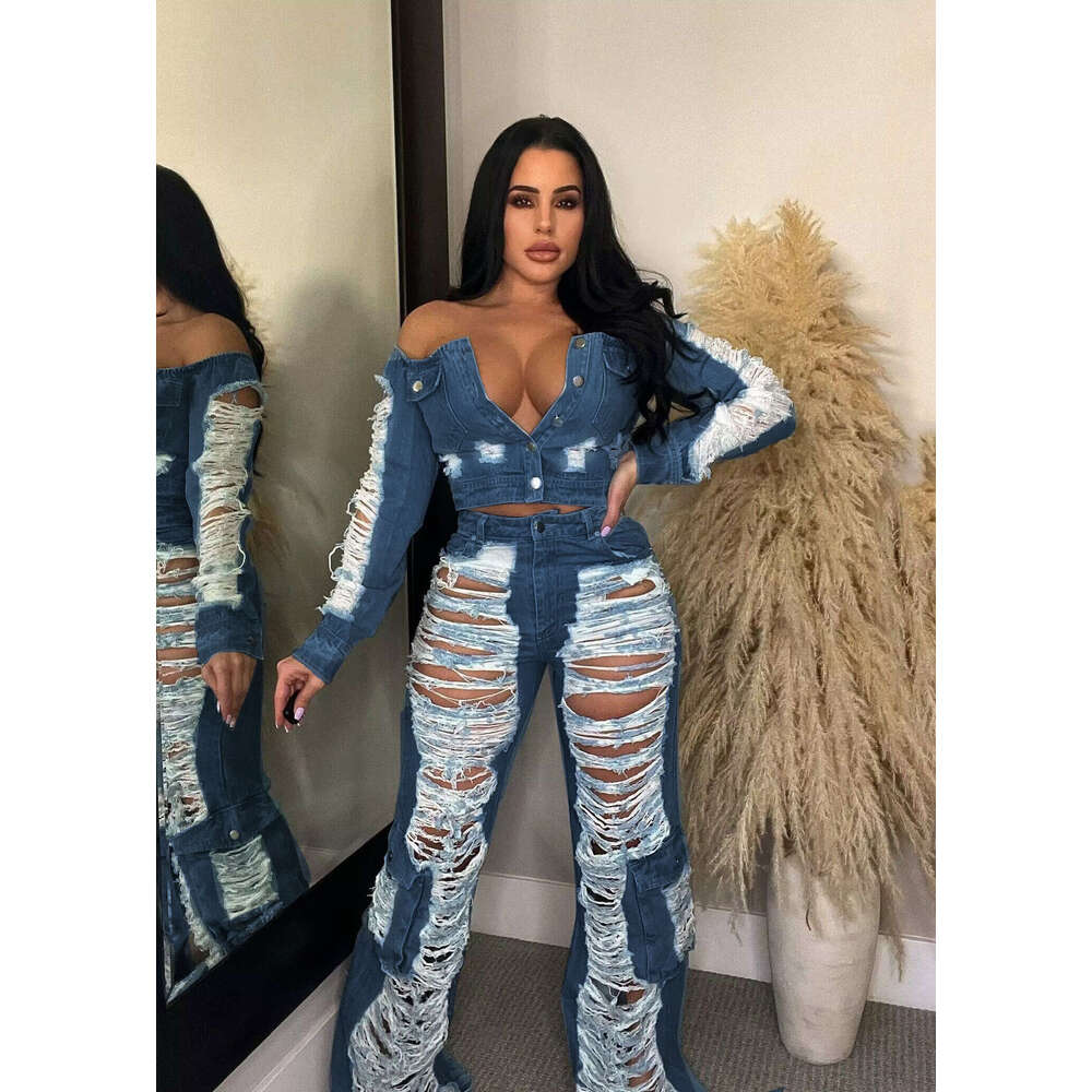 Summer European And American Women's Clothing New Fashion Casual Pocket Hole Straight Leg Pants Jeans