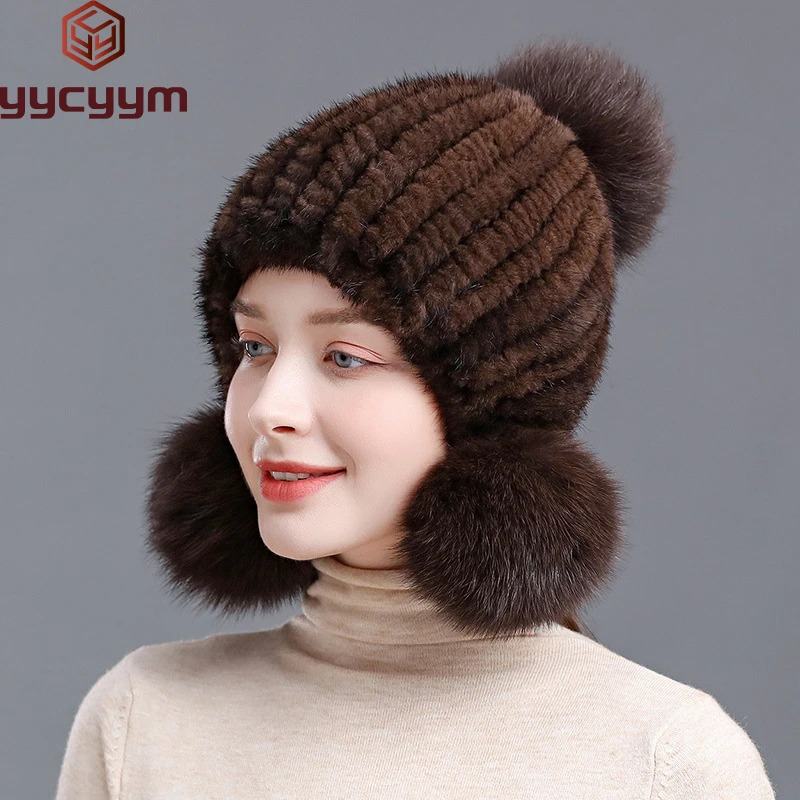 Winter selling womens real mink fur hat knitted mink ear warm hat spiral bean hat with fox fur fluffy top 241205