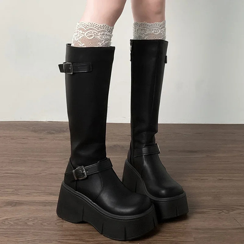 Platform Wedges Heel Women Knee High Boots Fashion Belt Buckle Slip On Long Booties Autumn Winter Female Shoes 241213