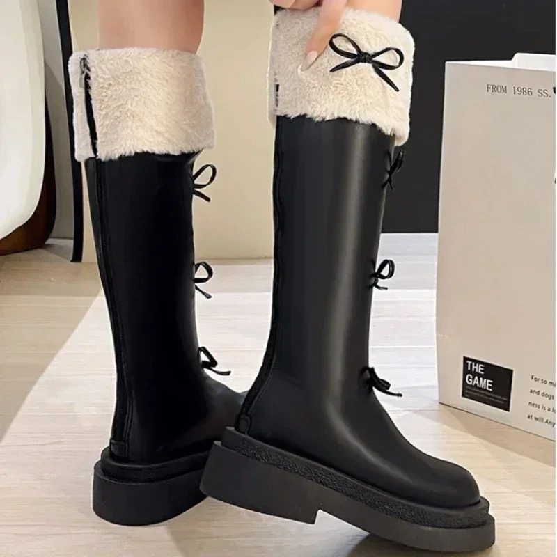 Womens leather velvet knee high boots winter fashion bow platform knight boots womens fashion cross series Botas drone 2024 241213