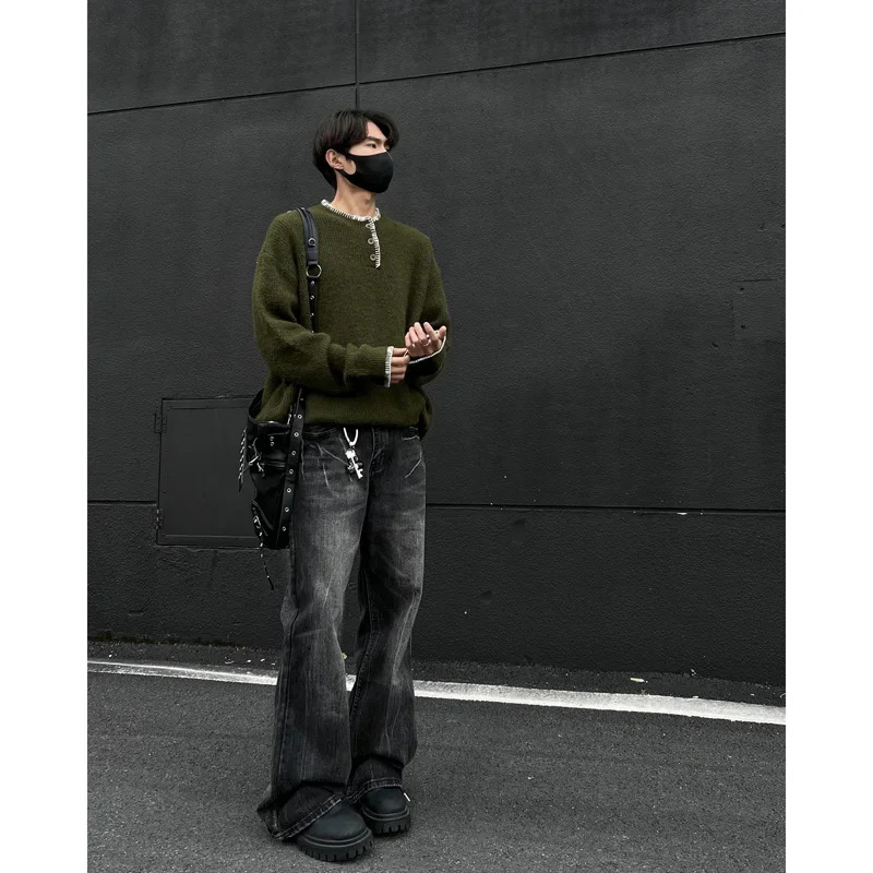 Korean Knit Sweater Retro Streetwear Loose Crew Neck Long Sleeve Knitted Pullover Winter Warm Henry Collar Top 241213