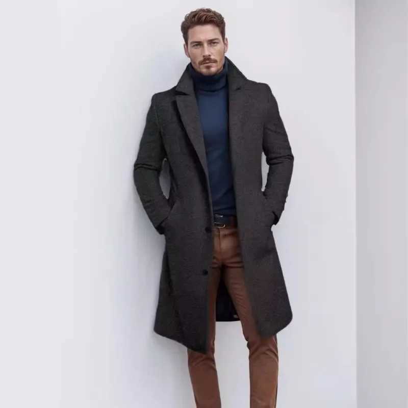 Mens Autumn Winter Long Woolen Coats Mens Business Casual Slim Solid Wool Windbreaker Jacket Street Trend Coldproof Warm OutwearXJ241212