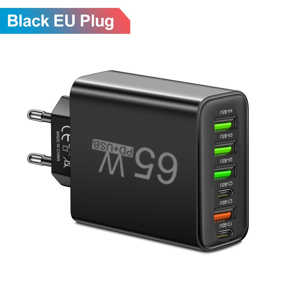 Total 65W 6 in 1 USB Type C Quick Charging Fast Wall Charger EU/US/UK Plug Dual Port USB-C + 4 USB Port Mobile Phone Power Adapter For iPhone Samsung 