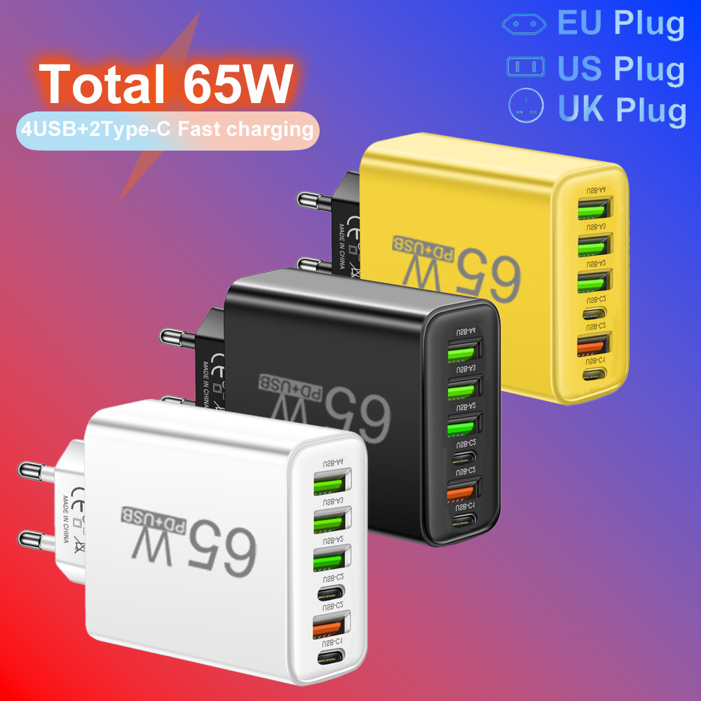Total 65W 6 in 1 USB Type C Quick Charging Fast Wall Charger EU/US/UK Plug Dual Port USB-C + 4 USB Port Mobile Phone Power Adapter For iPhone Samsung 