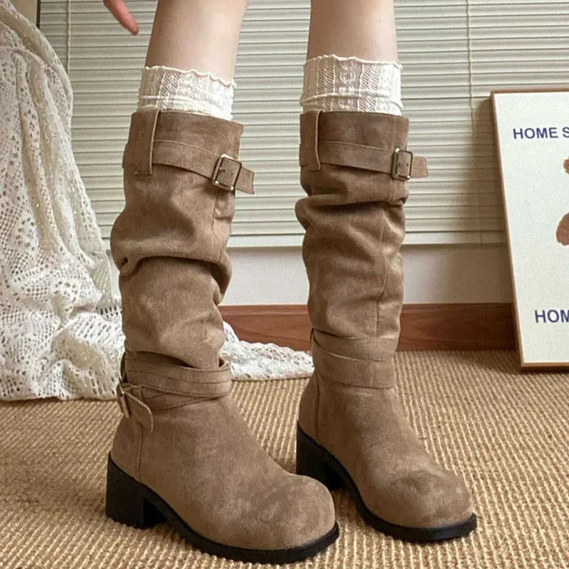 Platform Thick High Heels Womens Western Cowboy Boots Fashion Sliding on Folding Pile Long Boots Womens Shoes Autumn/Winter 241213