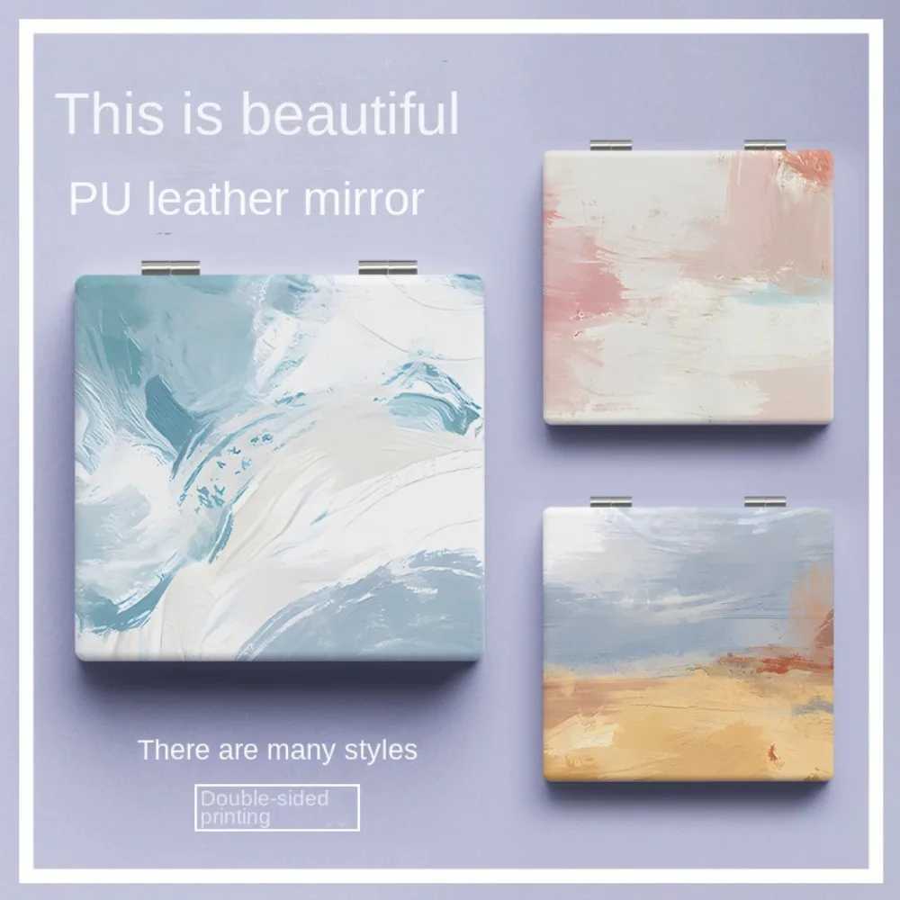 Mini Folding Makeup Mirror PU Double-Sided Heart Pattern Cosmetic Mirror Portable Handheld Pocket Square High-definition MirrorXJ241213
