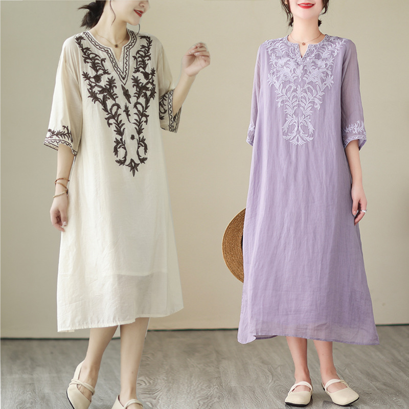 G826 Real shot linen embroidered dress summer loose large size short-sleeved cotton and linen bottoming skirt women's mid-length