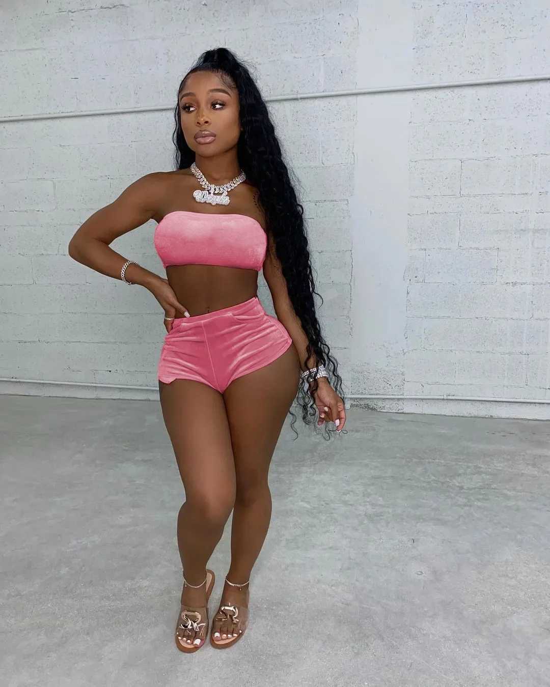 Women's Two Piece Pants ANJAMANOR Sexy Solid Velvet Two Piece Shorts Sets Tracksuit Summer Clothes for Womens Outfits Bulk Items Wholesale Lots D