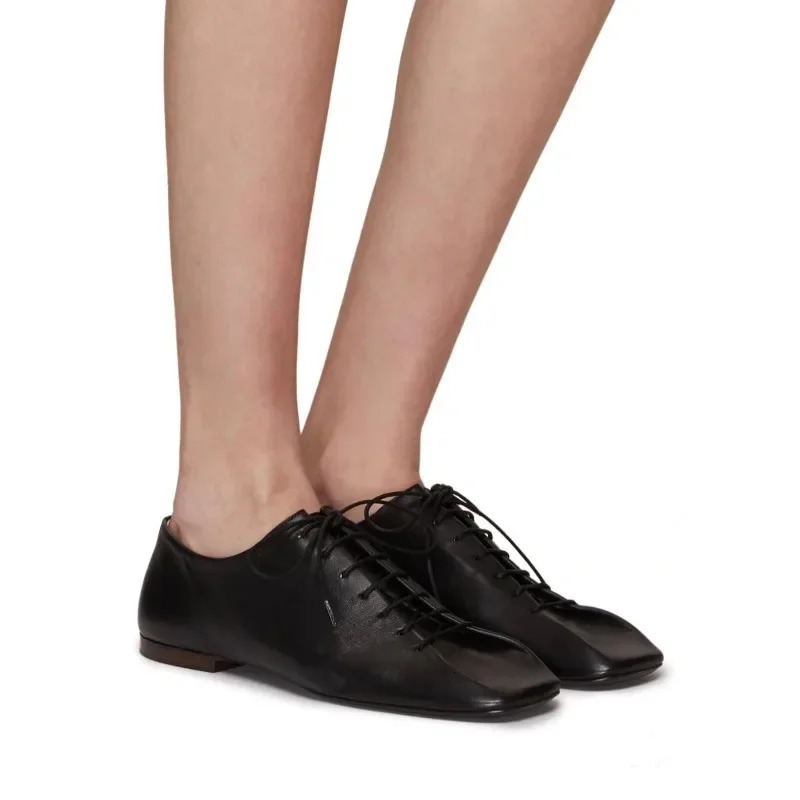 2024 Spring/Autumn Leather Shoes for Womens Casual Lace Flat Top Single Shoes Square Toe Solid Color Loafers Office Womens Shoes 241213