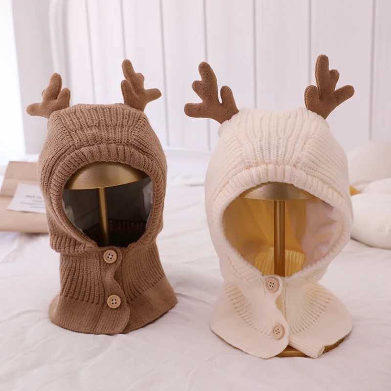 Deer Design Baby Hood Beanies One Piece Scarf Cap Winter Warm Knitted Ear Protection Hat Solid Color Infant Headgear BonnetXJ241213