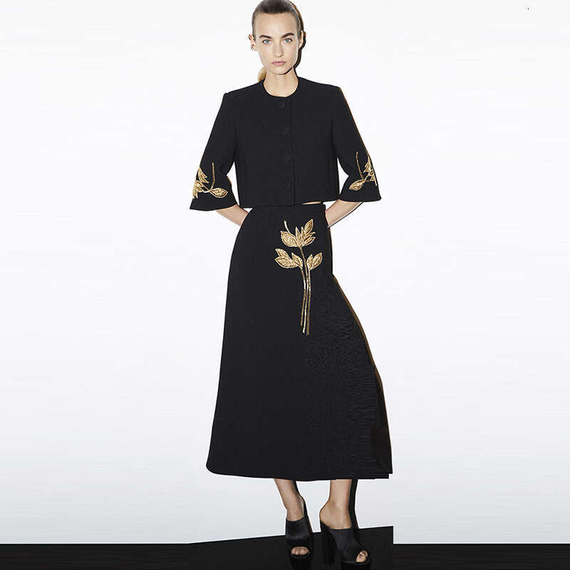 Ladies' Suit HIGH QUALITY Newest Fashion Designer Set Women's 3/4 Sleeve Beaded Cropped Jacket Midi Skirt Suit 2Pcs