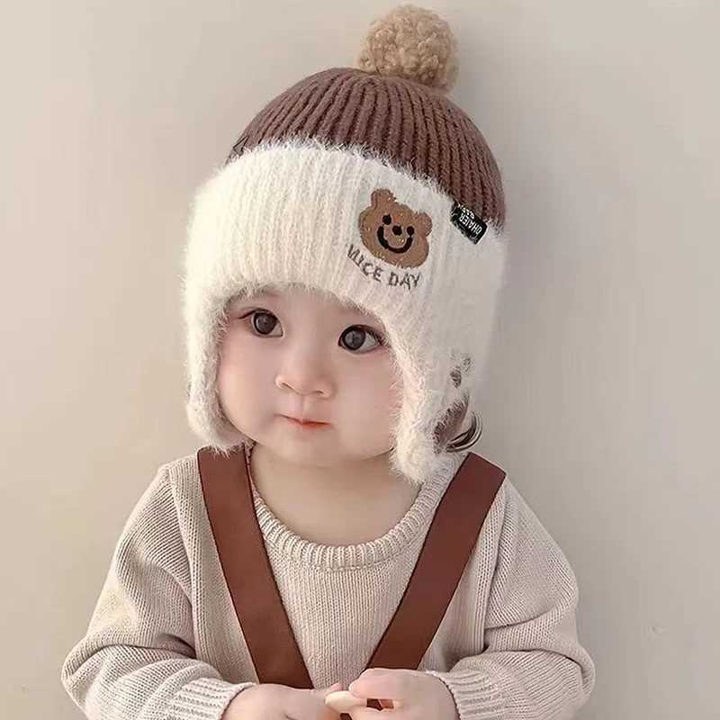 Children Plush Earmuffs Cap 1-6year Kids Winter Warm Knitted Hat Baby Bear Beanie Toddler Ear Protection CapsXJ241213