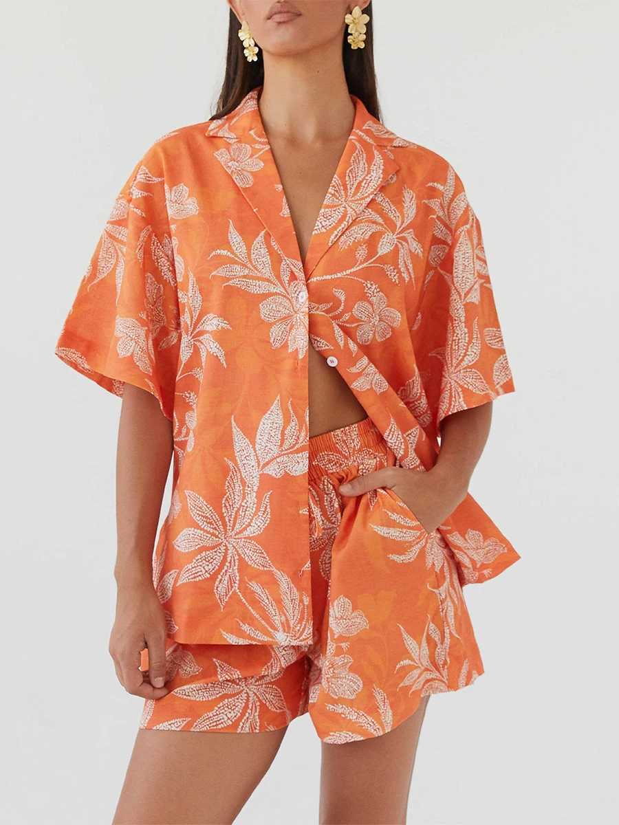 Women's Two Piece Pants Printed Shirts Two Piece Pajama Set Women Short Slve Lapel Shirts High Waist Short Suit Home Wear Outfits Boho Beachwear 