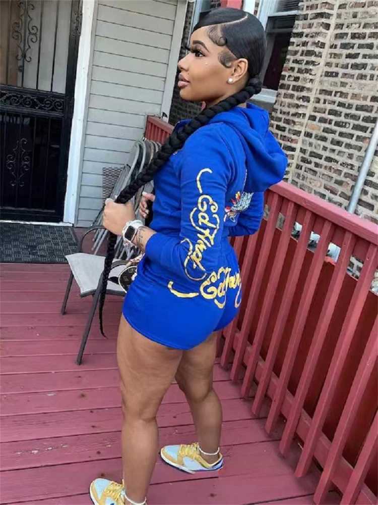 Women's Two Piece Pants WLWXR Spring Blue Print Casual 2 Piece Short Sets Retro Strt Clothing Women 2024 Graphics Zip-up Hoodies And Matching Sho